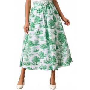 NEW PROSPERINA thena belted midi skirt in eden green toile